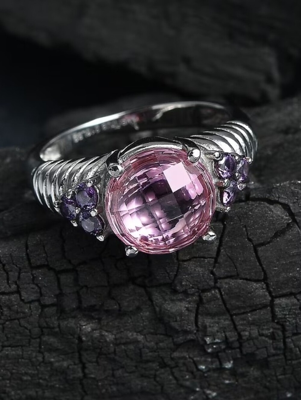 Pink Gemstone Ring with Purple Accent Stones - Women's Silver Fashion Ring